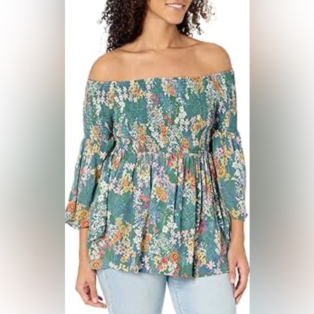 Angie Floral Off-Shoulder Top - Green and Multicolor